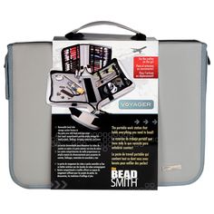 the bead smith travel kit is packed in a gray and white case with instructions on how to use it