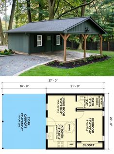 the floor plan for this small cabin is very large and has an attached porch, covered in