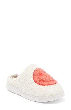 High-pile fleece furthers the comfort of a slipper lofted by a chunky platform and finished with a cute graphic. 1/4" platform Synthetic upper, lining and sole Imported Mia Mia, Chunky Platform, Happy Face, Womens Slippers, Nordstrom Rack, Slippers, Nordstrom, Women Shoes, 10 Things