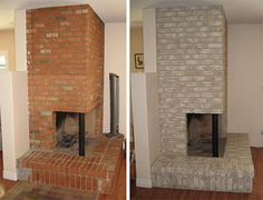 two pictures of a brick fireplace with a cat sitting on the mantle and another photo of an open fire place