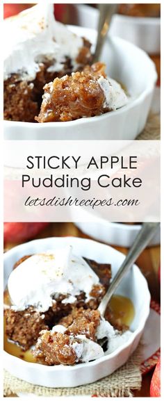 sticky apple pudding cake in a white bowl