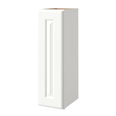 a white cabinet with an open door on the front and bottom side, against a white background