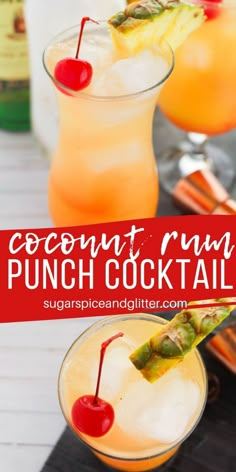 two glasses filled with different types of drinks and the words coconut rum punch clutch video?