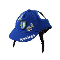 a blue hat with braids on the brimmed side and an sd logo