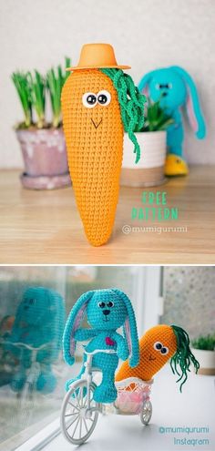 crocheted carrots are sitting on top of each other and one is riding a bike