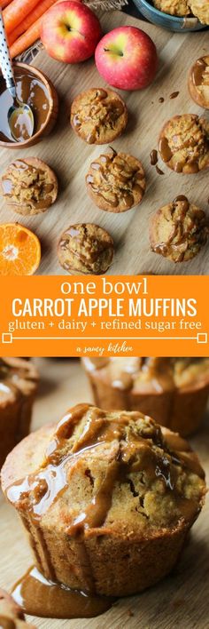 carrot apple muffins with caramel glaze on top and an orange in the background