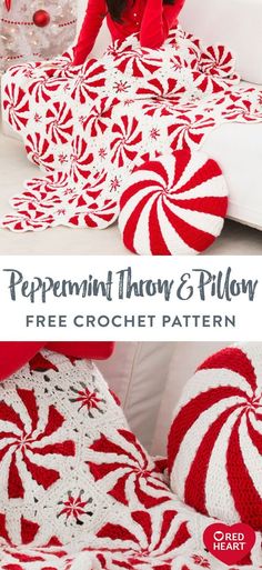 a crocheted peppermint throw and pillow with text overlay that says peppermint throw and pillow free crochet pattern