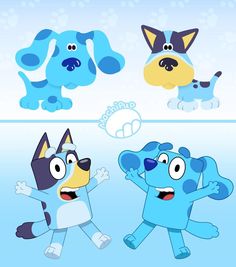 three cartoon dogs are playing together in the snow, one is blue and the other is black