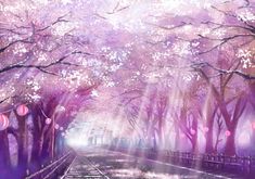 a painting of trees with pink flowers on them and the sun shining down in the background