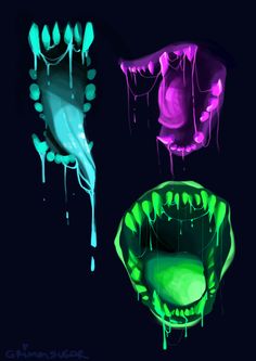 three different colors of paint on a black background, one is green and the other is purple