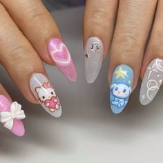 Cinnamoroll and Hello Kitty handpainted nails Cinnamoroll And Hello Kitty, Sanrio Nails, Paw Nails, Cinnamoroll Sanrio, Sky Nails, Diy Acrylic Nails, Stiletto Nails Designs, Cute Acrylic Nail Designs