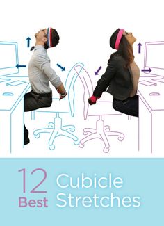 two people sitting at desks with headphones on their heads and the words, 12 cubicle best stretches