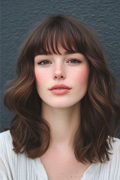 A woman with medium-length textured brown hair and soft bangs styled casually.