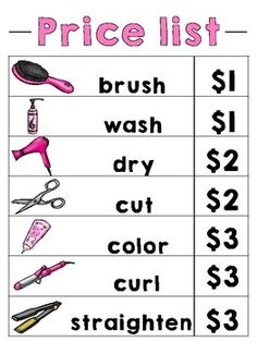 the price list for hair products is shown in pink and black, along with other items