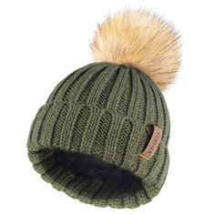 a green hat with a fur pom