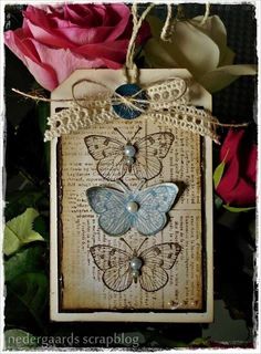 two butterflies are hanging from a piece of paper with lace on it and pink roses in the background