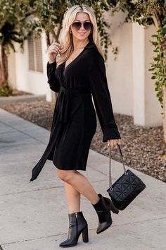 It's Your Move Black Collared Long Sleeve Belted Wrap Dress – Pink Lily Dress With Booties, Gold Oval Earrings, Wrap Dress Styles, Belted Wrap Dress, Sold Out Sign, Future Style, Gold Disc, Oval Earring, Disc Pendant