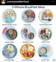 the five - minute breakfast ideas are organized and ready to be eaten