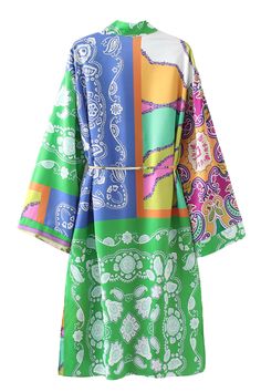 Goodnight Macaroon 'Hilda' Paisley Stand Collar Open Front Kimono Long Sleeves V-Neck Collared Waist-Tie Measurements: S - Chest 100cm, Shoulder 51cm, Length 114cm, Sleeve 45cm M - Chest 104cm, Shoulder 52cm, Length 115cm, Sleeve 46cm L - Chest 110cm, Shoulder 53cm, Length 116.5cm, Sleeve 47.5cm Machine cold and gentle cycle or hand wash cold Lay flat to dry / do not tumble dry Iron on a low heat setting If you are unsure or need assistance selecting the proper size or color, please contact our Green Patchwork Kimono For Spring, Casual Multicolor V-neck Kimono, Multicolor V-neck Kimono For Daywear, Green Printed V-neck Kimono, Green V-neck Kimono For Fall, Multicolor V-neck Kimono For Spring, Multicolor V-neck Kimono For Fall, Multicolor Printed Kimono For Daywear, Green V-neck Kimono For Spring