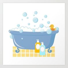 a bathtub with soap, shampoo and rubber ducky on the wall next to it