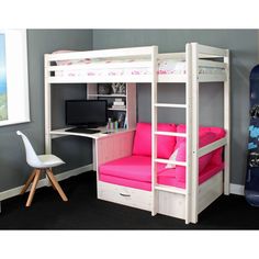 a bunk bed with futon underneath it and pink couch in the bottom right corner