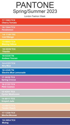 the pantone spring / summer 2012 color chart is shown in this image, with all colors