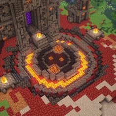 an image of a minecraft castle with fire coming out of the door and surrounded by rocks