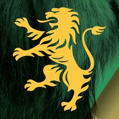 the lion is standing in front of a green and yellow background