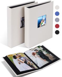 an open photo album with two pictures on the front and one in the back, is shown