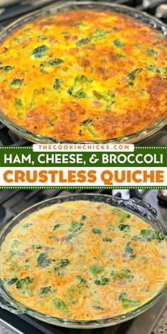 broccoli and cheese quiche is shown in two pans