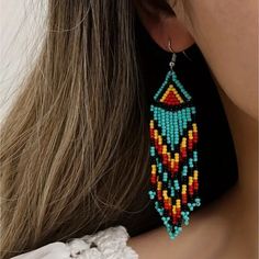 Handmade Native American-Style Beaded Tassel Fashion Earrings Multicolor And Long: - Bohemian Tassel Earrings. - Handmade Beaded Long Fringe Dangle Earrings. - Ethnic Style. - Fashion Statement Jewelry For Women. - Lightweight. - Bundle And Save: Add 5 Jewelry Items To Your Bundke And Receive 50% Off !!! Offer. Native Tassle Earrings, Beaded Sunglasses, Native American Beadwork Patterns, Bracelets Handmade Diy, Earrings Handmade Dangle, Beaded Lanyards, Tassels Fashion