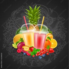 two glasses of juice with strawberries and pineapple on the black background - food objects