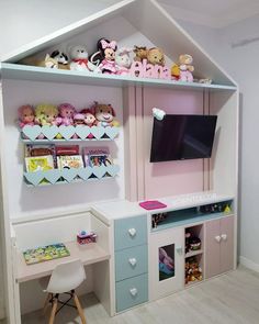 a child's playroom with toys on the shelves