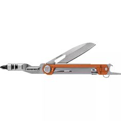 a knife with a wooden handle is open on a white background and has an orange blade