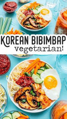 korean bibimbap vegetarian meal with vegetables and meats on blue background - kosten bibimbap stock pictures, royalty illustrations