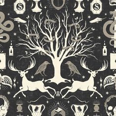 a black and white pattern with deers, trees, bottles, and symbols on it