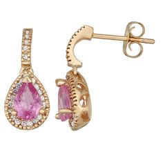 Crafted from 14k gold, and adorned with pear-cut pink sapphires and diamond accents, these teardrop earrings offer an elegant look you'll love. Crafted from 14k gold, and adorned with pear-cut pink sapphires and diamond accents, these teardrop earrings offer an elegant look you'll love. Length: 5/8 in. Backings: post Metal: 14k gold Plating: rhodium Finish: polished Packaging: boxed STONE DETAILS Stone type: pink sapphire Center stone size: 6 mm x 4 mm Shape: pear Setting: prong DIAMOND DETAILS Pink Diamond Teardrop Earrings, Pink Teardrop Diamond Earrings, Pink Teardrop Jewelry With Halo Setting, Pink Teardrop Earrings With Prong Setting, Fine Jewelry Pink Teardrop Earrings, Post Metal, Rose Gold Pink, Pear Cut, Teardrop Earrings