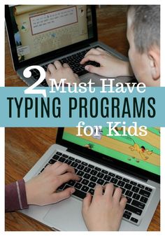 two kids are playing on their laptops with the text 2 must have typing programs for kids