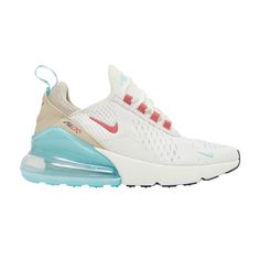 Find NIKE Wmns Air Max 270 'sail Copa on Editorialist. The Nike women’s Air Max 270 ‘Sail Copa’ offers extra-buoyant cushioning, highlighted by the first Max Air unit designed specifically for lifestyle. Rendered in a soft aqua hue, the large-volume Air bag provides enhanced impact protection under the heel, while resilient foam cushions the forefoot. Up top, the sock-like build features breathable off-white mesh, complete with contrasting crimson accents and a stretchy connected tongue inspired by the Air Max 93. Cream Lace-up Sneakers With Air Cushioning, Cream Air Max Cushioned Lace-up Sneakers, Cream Lace-up Sneakers With Air Max Cushioning, Cream Sporty Sneakers With Air Max Cushioning, Sporty Cream Sneakers With Air Max Cushioning, Cream Sneakers With Air Cushioning For Sports, Nike Air Max Cushioning Cream Sneakers, Nike Air Max Cream Sneakers, Nike Cream Sneakers With Air Max Cushioning