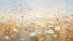 a painting of white flowers in a field