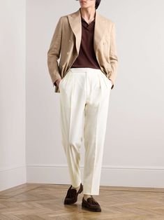 DE PETRILLO Straight-Leg Pleated Virgin Wool Tuxedo Trousers for Men Mens White Trousers Outfit, White Trousers Outfit Men, Pleated Pants Outfit, White Trousers Outfit, Mens White Trousers, Chinos Men Outfit, Trousers Outfit Men, Class Outfits, Color Schemes Design