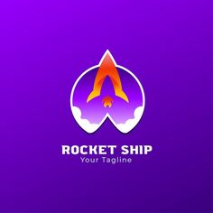 a rocket ship logo on a purple background