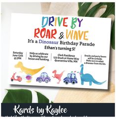 a birthday party card with dinosaurs and cars