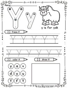 the letter y is for yak worksheet with an image of a cow