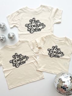 DESCRIPTION: This Cousin Crew tee is perfect for any family get togethers, and would also make an adorable pregnancy announcement. they are a light beige with black font!  CARE: 🚨Too much heat will cause cotton to shrink and may warp design! 🚨 ✨Machine wash cold, inside out ✨Machine dry low or air dry ✨Do not iron on design ✨Do not dry clean ✨Use mild detergent, no fabric softeners/bleach It is handmade and requires a little extra love and care to keep it at its best. Seller is not responsible for customers not following care instructions.  SHIPPING & RETURNS:  Ships within 2-3 weeks.  I often try to ship sooner but I'm a mom of a 3 year old and 4 month old.  I do not accept returns or exchanges, however if you have an issue with your order please message me.  MORE:  Check my etsy seller Personalized Cotton T-shirt For Family Gatherings, Cute Letter Print Tops For Family Events, White T-shirt With Name Print For Family Gatherings, Cute Family T-shirt With Letter Print, Cute T-shirt For Family Events With Crew Neck, Cute Cream Tops With Letter Print, Cute Crew Neck T-shirt For Family Events, Warp Design, Care Too Much