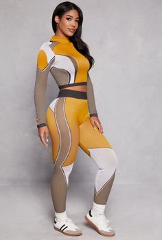 Leggings, High Waisted, Seamless, Color Blocked, Printed Pattern, Compression Rib, Item Number 3413058752723 Active Top, Rainbow Shop, Ribbed Leggings, Item Number, Mock Neck, Color Block, Mustard, Print Patterns, Active Wear