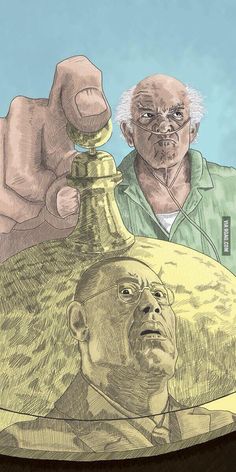 a drawing of two men in front of a giant bottle with a man's head on it