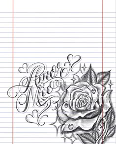 a drawing of a rose on lined paper with the words happy new year written in cursive writing