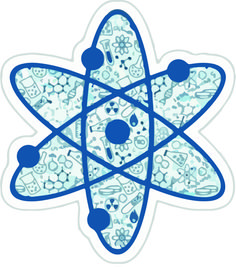 an abstract blue and white design with circles, dots, and shapes in the center