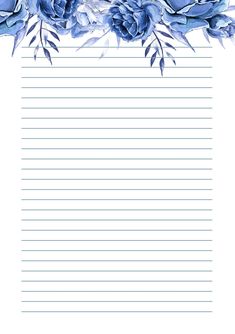 a blue flowered border with lined paper in the middle and two flowers on each side